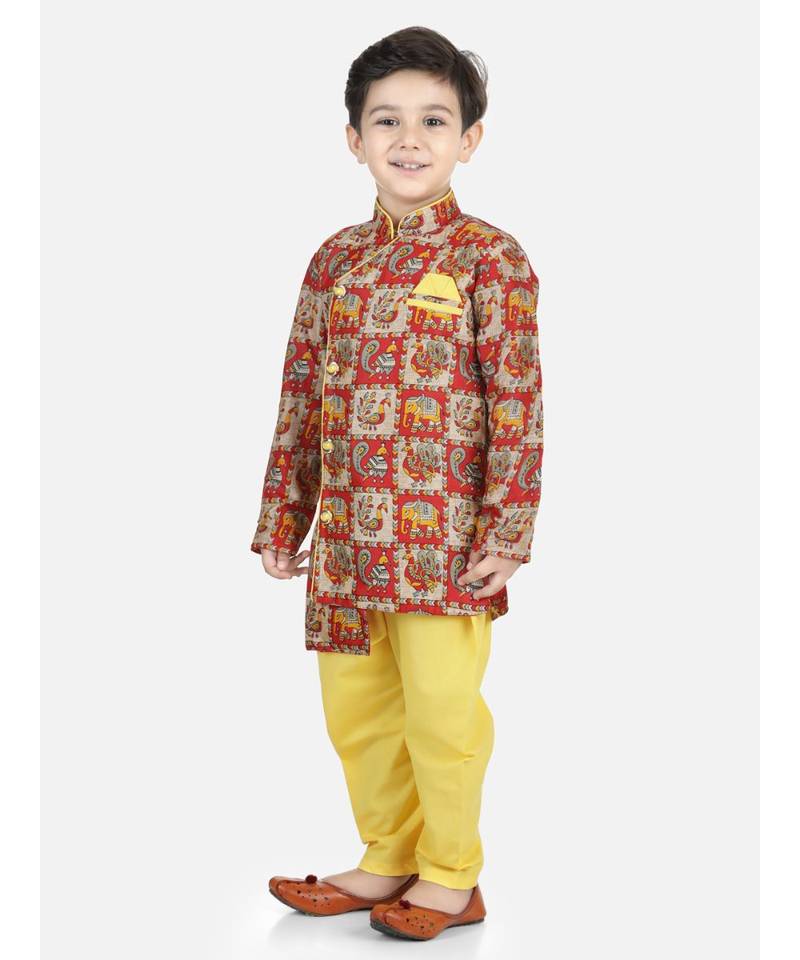 Long Sleeve Yellow silk printed stitched  kurta &   jacket