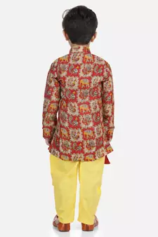 Long Sleeve Yellow silk printed stitched  kurta &   jacket