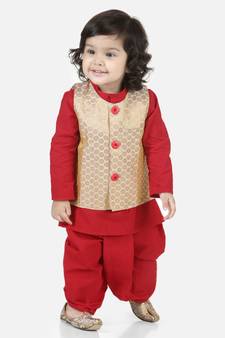 Long Sleeve Red Cotton printed stitched  kurta &   jacket