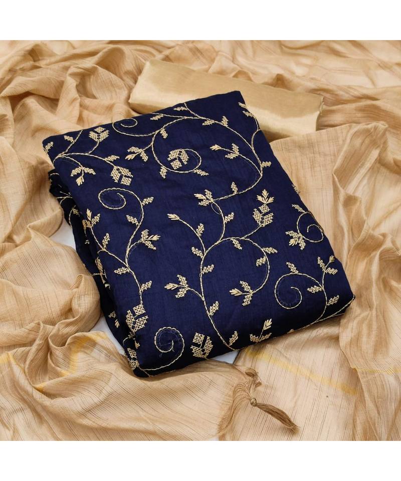 navy-blue cotton unstitched embroidered   top & bottom with dupatta