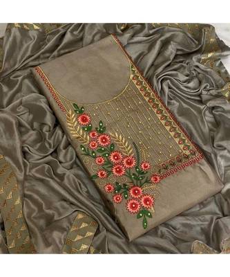 grey cotton unstitched embroidered   top & bottom with dupatta 1