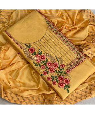 yellow cotton unstitched embroidered   top & bottom with dupatta 1