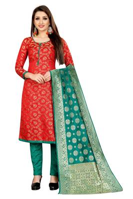 Red Jacquard Banarasi Silk Un Stitched  top & bottom with dupatta 1