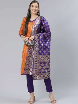 Orange Jacquard Banarasi Silk Un Stitched  top & bottom with dupatta 1