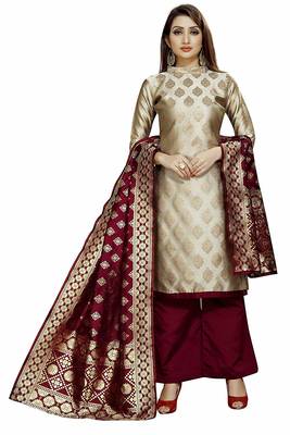 Beige Jacquard Banarasi Silk Un Stitched  top & bottom with dupatta 1
