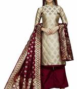 Beige Jacquard Banarasi Silk Un Stitched  top & bottom with dupatta
