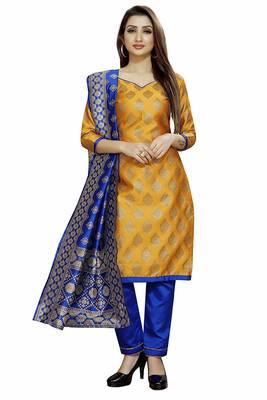 Yellow Jacquard Banarasi Silk Un Stitched  top & bottom with dupatta 1