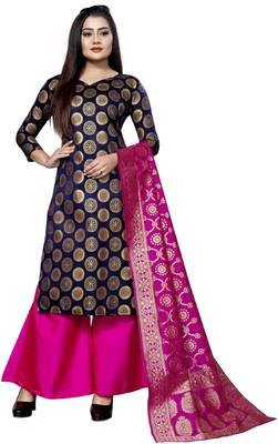 Dark Blue Jacquard Banarasi Silk Un Stitched  top & bottom with dupatta 1