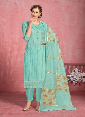 turquoise cotton Embroidery unstitched   Top &  bottom  with dupatta 1