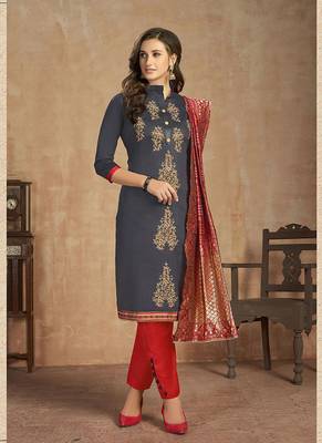 dark grey cotton Embroidery unstitched   Top &  bottom  with dupatta 1