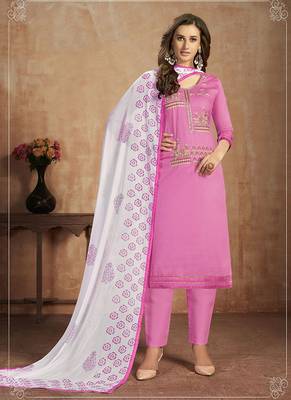 pink cotton Embroidery unstitched   Top &  bottom  with dupatta 1