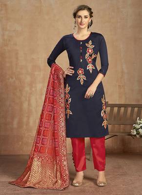 navy blue cotton Embroidery unstitched   Top &  bottom  with dupatta 1