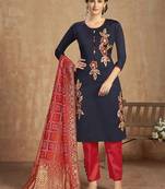 navy blue cotton Embroidery unstitched   Top &  bottom  with dupatta