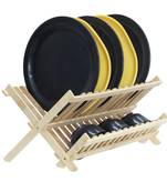 NFI essentials Bamboo Wood Folding 2-Tier Dish Rack for kitchen with Tray Kitchen Drying Rack stand for Glasses
