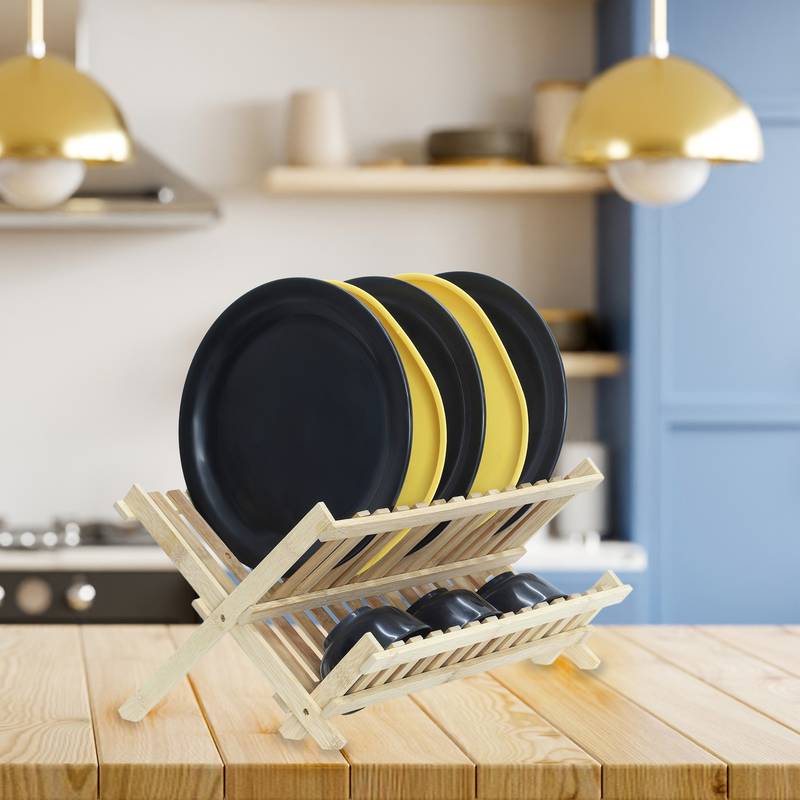 NFI essentials Bamboo Wood Folding 2-Tier Dish Rack for kitchen with Tray Kitchen Drying Rack stand for Glasses