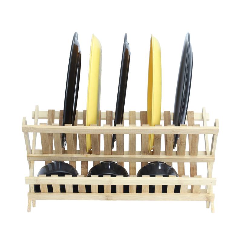 NFI essentials Bamboo Wood Folding 2-Tier Dish Rack for kitchen with Tray Kitchen Drying Rack stand for Glasses