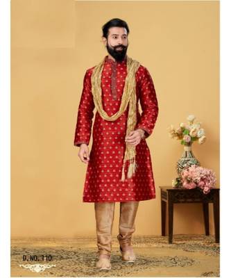 red Silk plain stitched kurta & pajama with stole 1