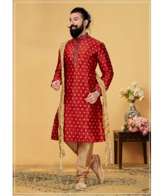 red Silk plain stitched kurta & pajama with stole 2