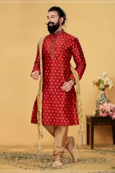 red Silk plain stitched kurta & pajama with stole