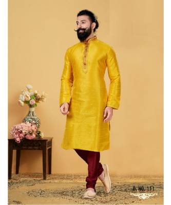 yellow Silk plain stitched kurta & pajama with stole 1