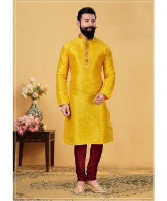 yellow Silk plain stitched kurta & pajama with stole 2