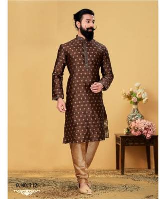 brown Silk plain stitched kurta & pajama with stole 1