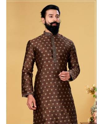 brown Silk plain stitched kurta & pajama with stole 2