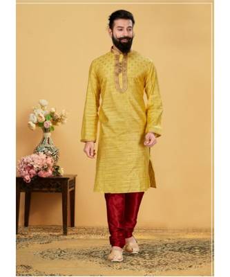 yellow Silk plain stitched kurta & pajama with stole 1
