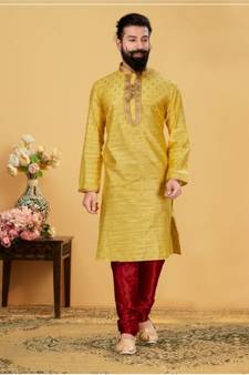 yellow Silk plain stitched kurta & pajama with stole