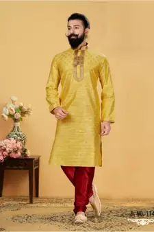 yellow Silk plain stitched kurta & pajama with stole
