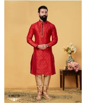 red Silk plain stitched kurta & pajama with stole 1