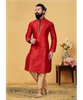 red Silk plain stitched kurta & pajama with stole 2