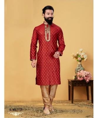 red Silk plain stitched kurta & pajama with stole 1