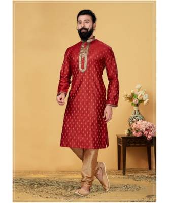 red Silk plain stitched kurta & pajama with stole 2