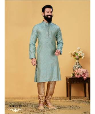 grey Silk plain stitched kurta & pajama with stole 1