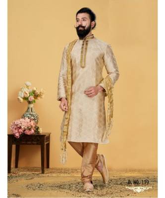 white Silk plain stitched kurta & pajama with stole 1