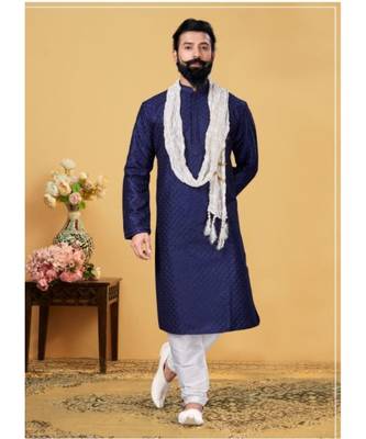 blue Silk plain stitched kurta & pajama with stole 1