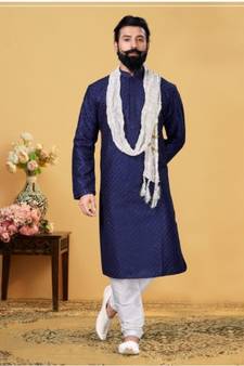 blue Silk plain stitched kurta & pajama with stole