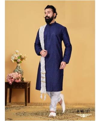blue Silk plain stitched kurta & pajama with stole 2