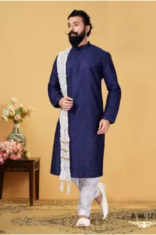 blue Silk plain stitched kurta & pajama with stole