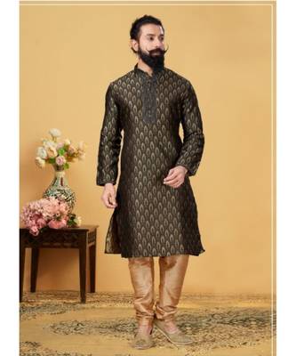 black Silk plain stitched kurta & pajama with stole 1
