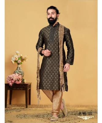 black Silk plain stitched kurta & pajama with stole 2