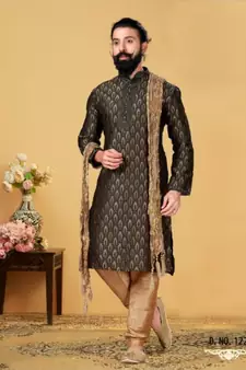 black Silk plain stitched kurta & pajama with stole