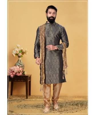 black Silk plain stitched kurta & pajama with stole 1