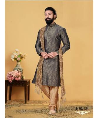 black Silk plain stitched kurta & pajama with stole 2
