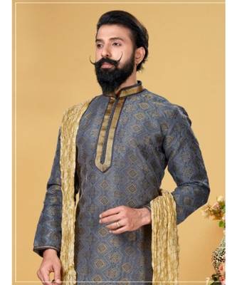 grey Silk plain stitched kurta & pajama with stole 2