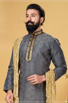 grey Silk plain stitched kurta & pajama with stole