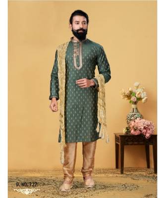 green Silk plain stitched kurta & pajama with stole 1