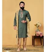 green Silk plain stitched kurta & pajama with stole
