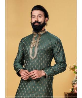 green Silk plain stitched kurta & pajama with stole 2